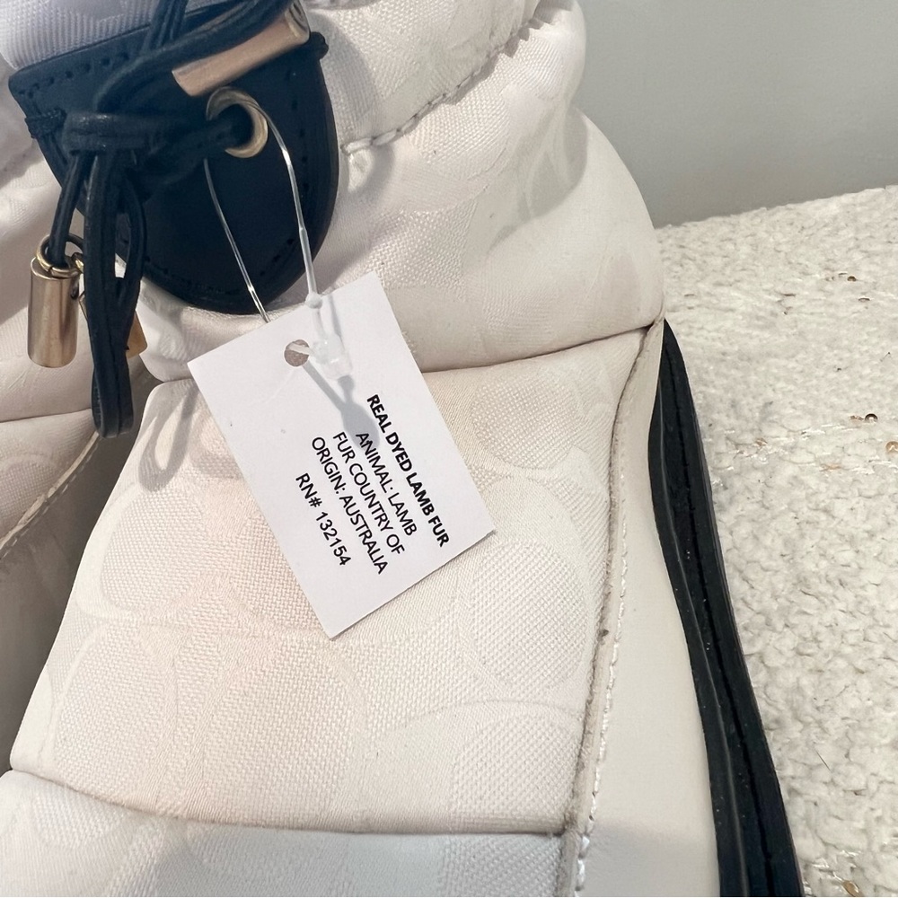 COACH Kailee Boots Off White Nylon/Lamb Fur/Black Leather Winter Booties 9.5 NEW - Picture 4 of 13